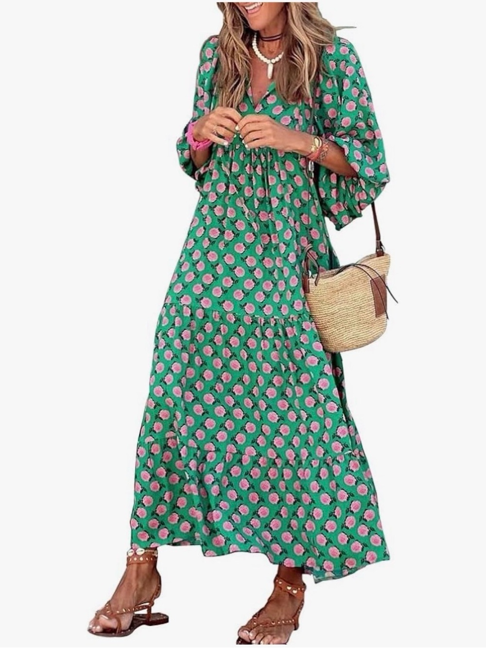 Women’s Green and pink Floral dress. Flowy. Sz large. Wedding